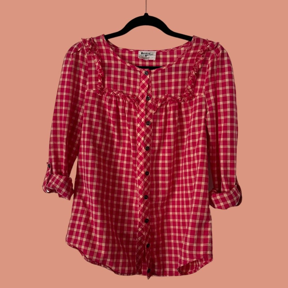 Anthropologie Holding Horses Plaid Button Down Frills Roll-up Cuffs sz 4
